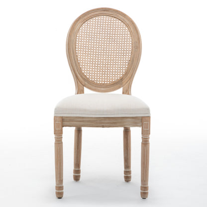 Rattan Back Wood Dining Chairs with Linen Seats, Set of 2, Beige