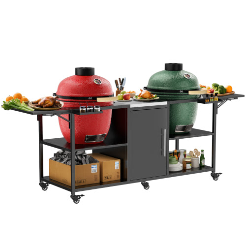 Outdoor Grill Cart for Two Big Green Egg, Metal Grill Table Compatible with Large Big Green Egg,Kamado Joe 18 Inch,and other similar models