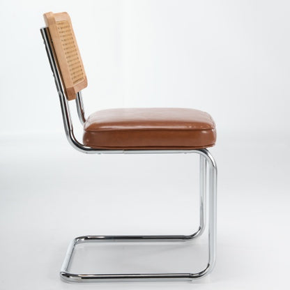 Set of 2 Mid-Century Cane Rattan Dining Chairs, Solid Wood Frame, Olive Faux Leather Seat, Cantilever Chrome Metal Base