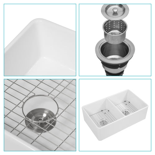 White Farmhouse Sink - 33 x 20 x 10 inch White Ceramic Porcelain Double Bowl Reversible Design Farm Kitchen Sink