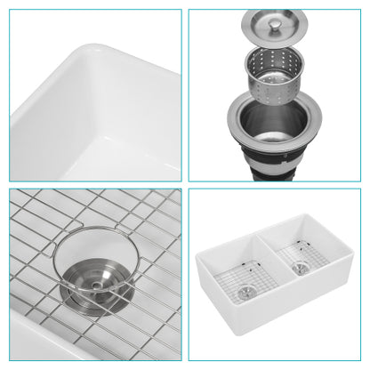 White Farmhouse Sink - 33 x 20 x 10 inch White Ceramic Porcelain Double Bowl Reversible Design Farm Kitchen Sink