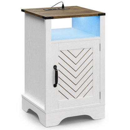 LED Nightstand with Charging Station, Farmhouse Wooden Side Table with Cabinet and Shelf