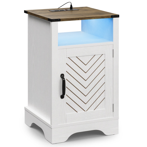 LED Nightstand with Charging Station, Farmhouse Wooden Side Table with Cabinet and Shelf