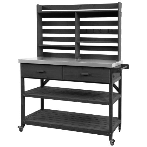 K&K 64.9"H Outdoor Potting Bench Table with Lockable Wheels, Solid Wood Outdoor Kitchen Island with Upper Hutch, Stainless Steel Top, Towel Rack ,Outdoor Storage for Grilling, Lawn Garden -Black