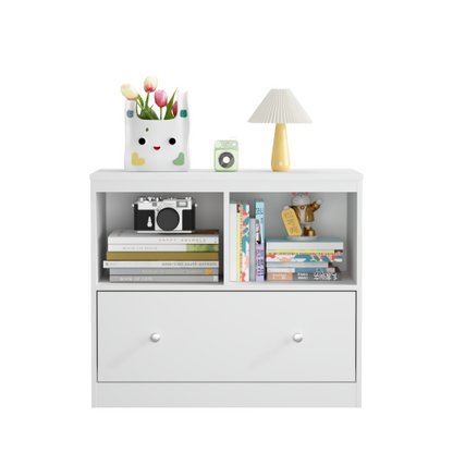 White Kids Storage Cabinet 2 Open Shelves With Full-Width Drawer Anti-Tip Design For Playroom Nursery