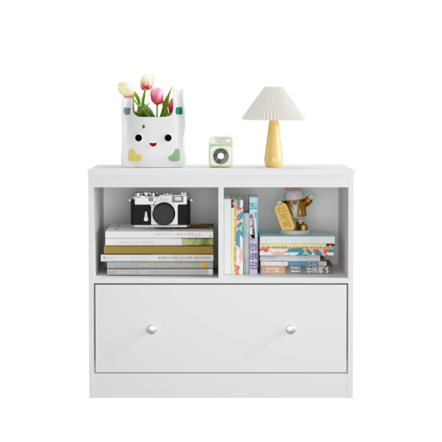 White Kids Storage Cabinet 2 Open Shelves With Full-Width Drawer Anti-Tip Design For Playroom Nursery