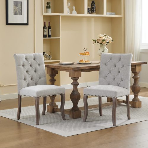 Upholstered Chenille Dining Chair Set of 2, Tufted Accent Chair with Curved Solid Wood Legs, Beige