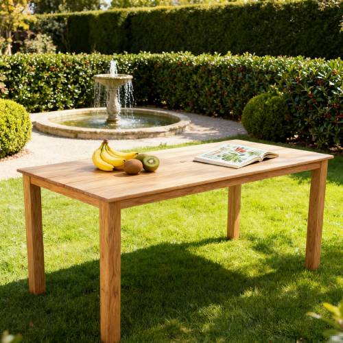 A wooden-textured imitation wood dining table, simple yet with a high quality feel. It has a small tabletop and is perfect for outdoor picnics. It is made of teak wood, measuring 68.9 inches.