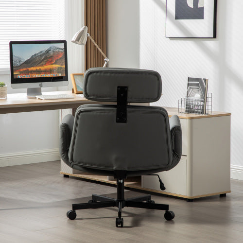 Criss Cross Chair with Adjustable Armrests & Wheels & Headrest, PU Lounge Vanity Desk Chair with Wide Seat for Cross-Legged Sitting, Swivel Task Office Chairs for Home, Makeup, Gaming, Office, Gray