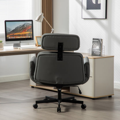 Criss Cross Chair with Adjustable Armrests & Wheels & Headrest, PU Lounge Vanity Desk Chair with Wide Seat for Cross-Legged Sitting, Swivel Task Office Chairs for Home, Makeup, Gaming, Office, Gray
