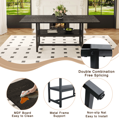 71-Inch Black Wood Grain Dining Table with Storage Shelf