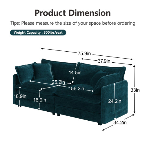 Blue Chenille Modern Deep-Seat Loveseat Sofa with 4 Throw Pillows