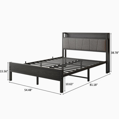 Full Size Bed Frame, Storage Headboard with Charging Station, Solid and Stable, No Box Spring Needed, Easy Assembly