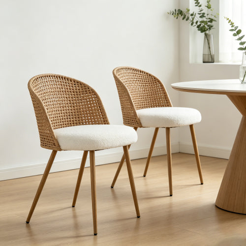 2-Piece Bohemian Wicker Dining Chairs, Beige Sponge Cushioned Cane Side Chairs, Iron Frame, 220lbs Capacity for Kitchen & Dining Room