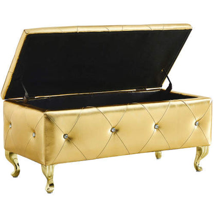 Gold Faux Leather Storage Ottoman Bench with Crystal Buttons, Metal Legs 380 LBS Capacity for Bedroom Entryway