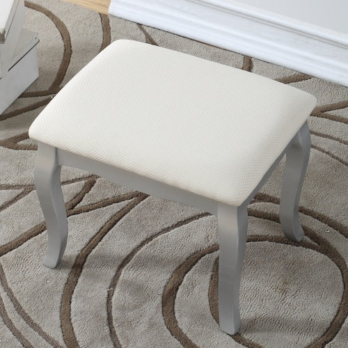 Silver Wood Makeup Vanity Table and Stool Set, 5 Lined Drawers, Adjustable Mirror, 32 inch W