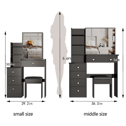 37inch  Middle Size Left Bedside Cabinet Vanity Table + Cushioned Stool, Extra Large Right sliding mirror, Multi Layer High Capacity Storage, Practical Fashionable Dresser, Suitable For Middle Space