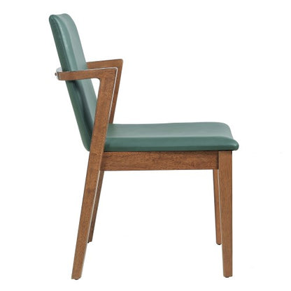 Set of 2 Mid-Century Green PU Arm Dining Chairs, Walnut Rubber Wood Frame 250lbs Capacity