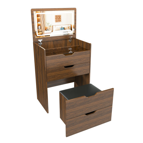 3-in-1 Vanity Desk with Lighted Mirror & Stool, Flip Top Makeup Dressing Table, Compact Storage for Bedroom, Bathroom, Dressing Room(23.62inch L, Walnut)
