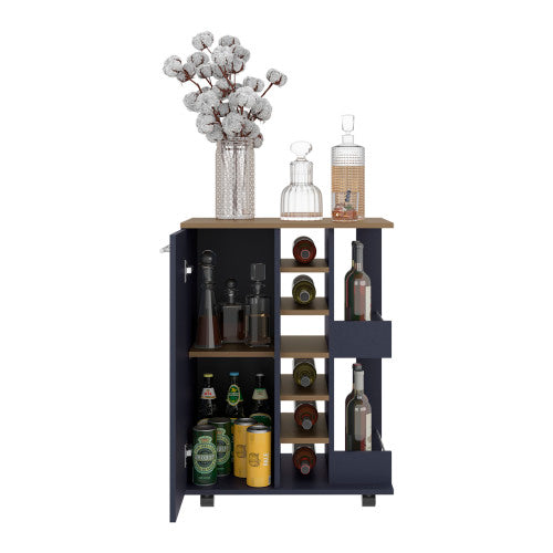 Bar Cart, Two External Shelves, Four Casters, Six Built-In Wine Rack, Single Door Cabinet, Natural Oak, Blue