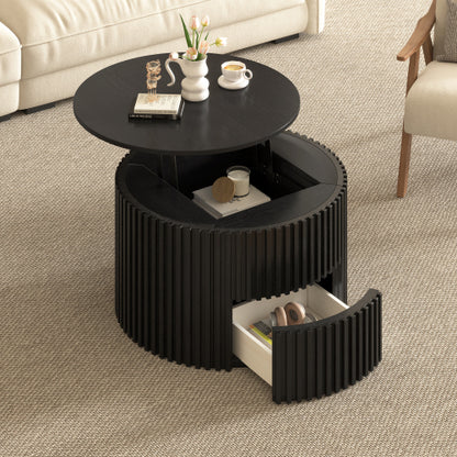 Round Lift Top Coffee Table, Fluted Wood Accent Table with Hidden Storage & Drawer, Solid Wood & MDF