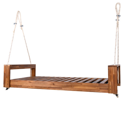 Twin Size Porch Swing Bed Seating Group, Patio Acacia Wood Swing Frame with Hemp Ropes for Garden, Backyard, Natural