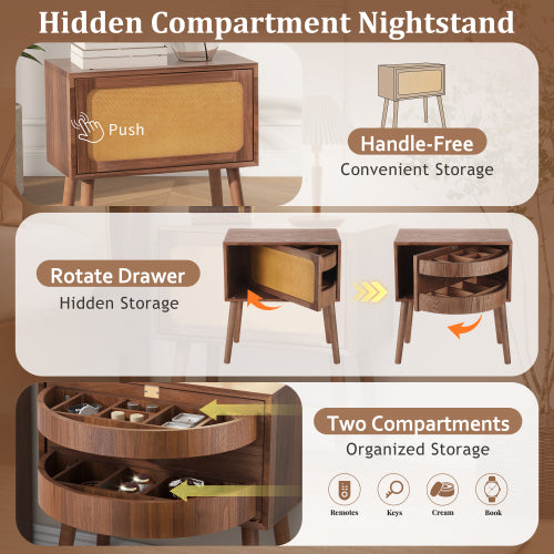 Rattan Nightstand with Hidden Storage Compartment, Mid Century Modern Bedside Table with Wood Legs, Walnut End Table