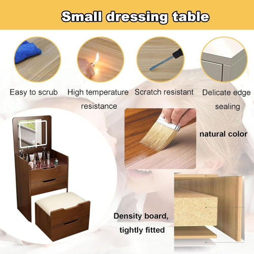 (60cm) 3 in 1 Vanity Desk with Plip Top Mirror, Small Make Up Vanity Set with Visible Glass Desktop, Compact Makeup Vanity with 3 Drawers, Dressing Table for Bedroom (Walnut Color)