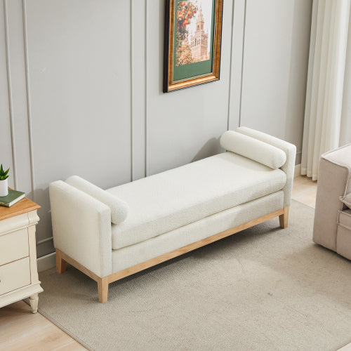 66.34inch W Elegant Upholstered Bench,Daybed, Ottoman with Nature Wood Legs & 2 Bolster Pillows for End of Bed, Bedroom, Living Room, Entryway,Ivory Boucle