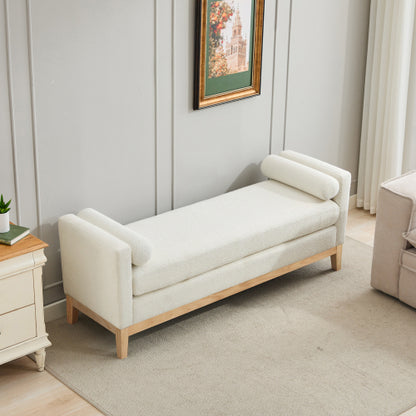 66.34inch W Elegant Upholstered Bench,Daybed, Ottoman with Nature Wood Legs & 2 Bolster Pillows for End of Bed, Bedroom, Living Room, Entryway,Ivory Boucle