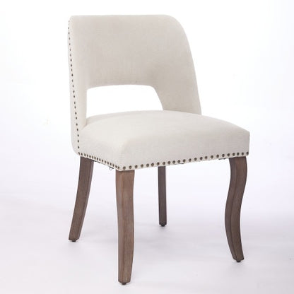 Set of 2 Beige Hollow Curved Enveloping Back Fabric Dining Chairs, Handmade Copper Nail Curved Solid Wood Legs
