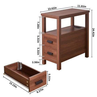 End Table with Charging Station,Side Tables with USB Ports & Outlets,Side Table with 2 Drawers, Small Wood Bedside Table, Small Rustic Side Table, Modern End Table with Drawer