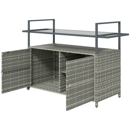 Wicker Outdoor Bar Table with 2-Tier Shelf & Cabinet, Mixed Gray
