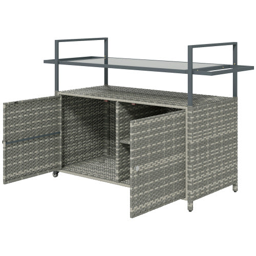 Wicker Outdoor Bar Table with 2-Tier Shelf & Cabinet, Mixed Gray