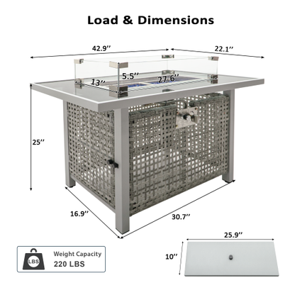 43 Propane Gas Fire Pit Table, 60000 BTU Rectangular Open Weave Wicker Fire Pit with Glass Wind Guard for Outside Patio Deck Garden Backyard