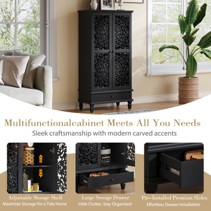 55 Inch Rustic Storage Cabinet with Drawer Carved Doors Black Accent Cabinet