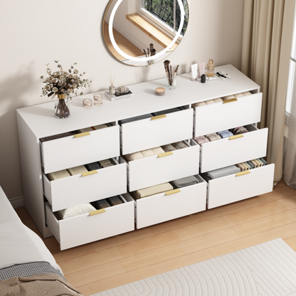 White 9 Drawer Dresser, 63" Large Deep Chest of Drawers, Wooden Dresser Storage Cabinet with 9 Drawers for Bedroom, Long Dressers for Living Room, Hallway