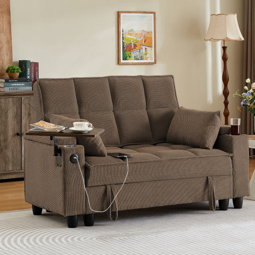 Coffee-Tone Loveseat Sofa with Storage,USB,Cup-Holder & Swivel Side Table