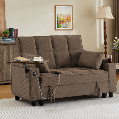 Coffee-Tone Loveseat Sofa with Storage,USB,Cup-Holder & Swivel Side Table
