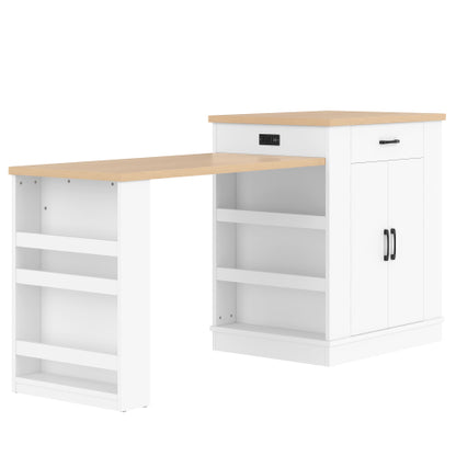 Extendable island console with drawers, double-door cabinet, and open shelving. Serves as dining table, temporary breakfast bar, and afternoon tea lounge,White