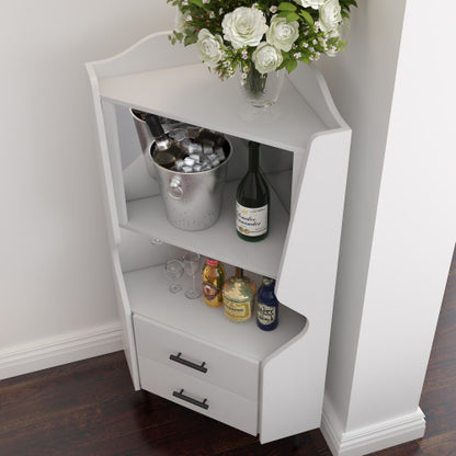 Wooden Corner bar cabinet with 2 open storage shelves and 2 drawers, mirrored back sideboard cabinet, high feet/legs for easy cleaning, buffet cabinet WHITE