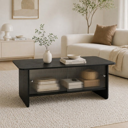 47 Inch Modern Coffee Table with Fluted Glass Sliding Doors, Black