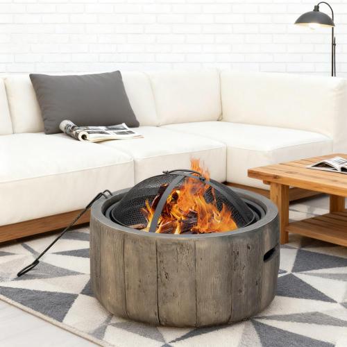 Woodgrain Design Outdoor Fire Pit,Metal Wood Burning Fireplace with Spark Cover