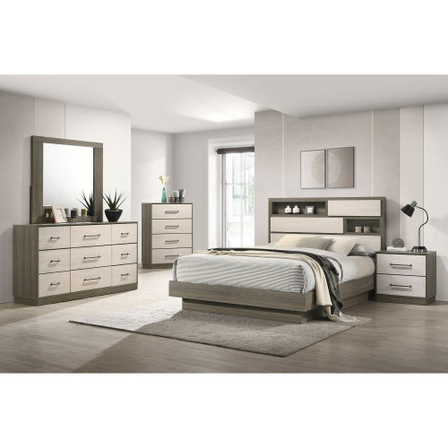 Grey Oak 2 Drawer Nightstand with Storage, Modern Bedside Table with Metal Handles