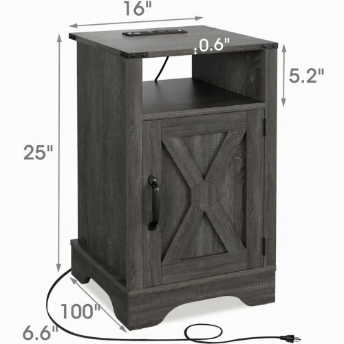 16inch Dark Grey Farmhouse Nightstand with Charger