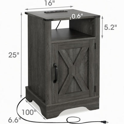16inch Dark Grey Farmhouse Nightstand with Charger