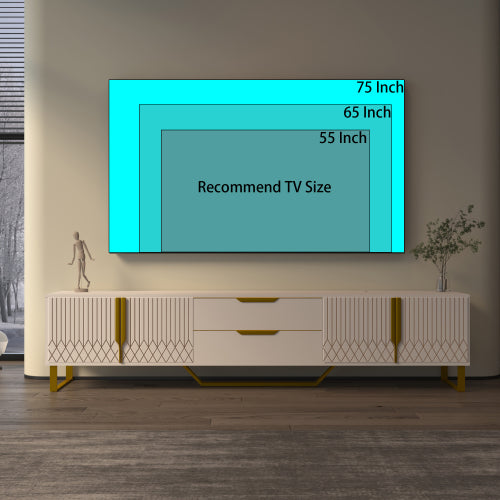 White Carved Pattern TV Stand with Metal Support Legs Large Storage Entertainment Center for Bedroom Living Room