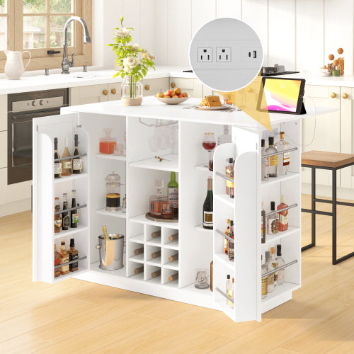 U_Style 47.2inch   Bar Table with Drop Leaf & Power Outlet, Wine Bar Cabinet with Bottle Rack & Glass Holder, Coffee Bar, 2-Door Buffet Sideboard with Side Shelves, Melamine MDF (Chairs Not Included)