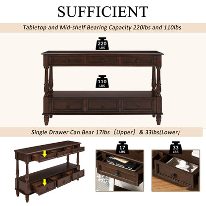 54 Inch Solid Wood Console Table with 6 Drawers & Shelf Espresso Brown