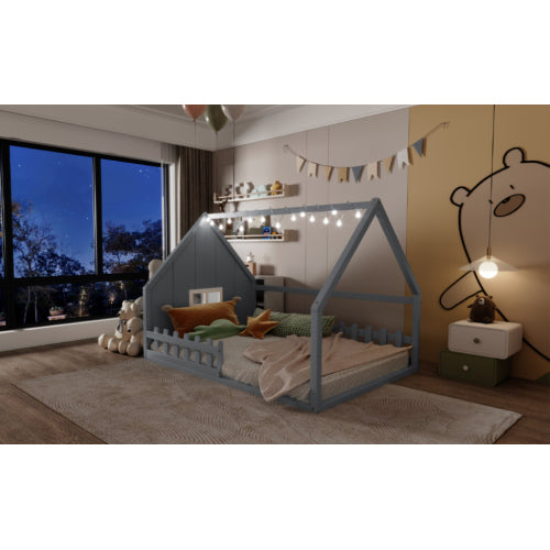 Full Size Wood House Bed with Window and Fence, Gray